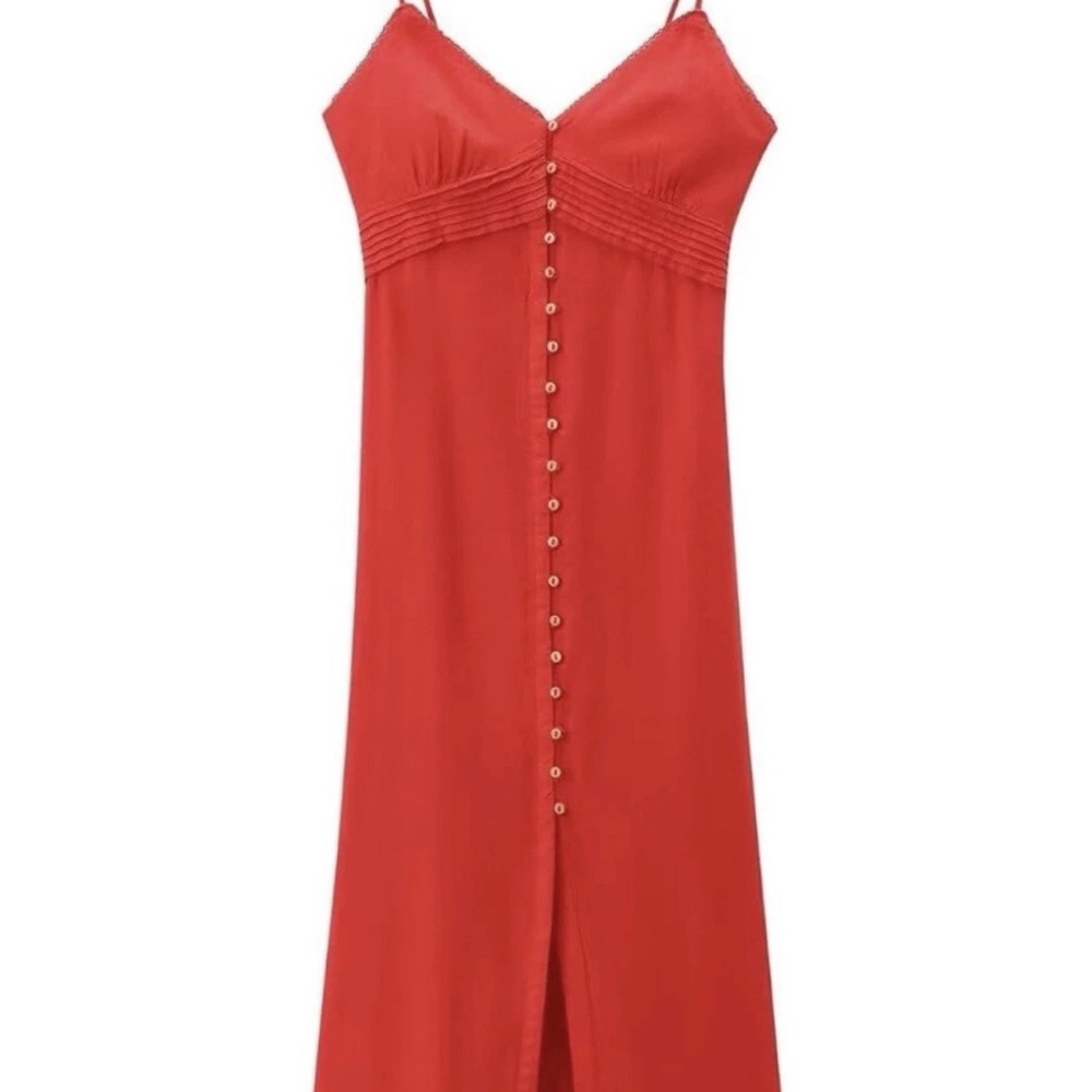 French Retro Cotton Linen Strapless Dress Single Breasted Midi medium Red